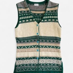 Vintage Esprit Green Gray Tan Cream Tone Fair Isle Wool Button Sweater Vest